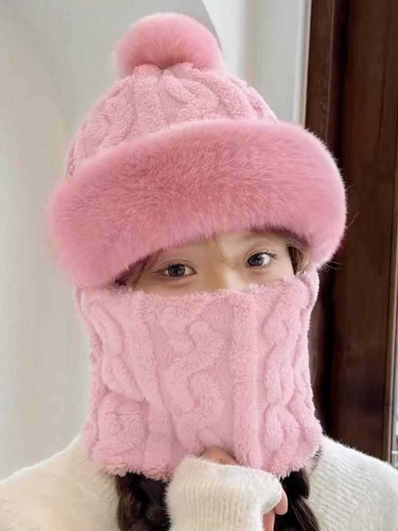 Solid Color Pom Pom Decor Crochet Beanie Hat, Unisex Casual Warm Thickened Face Mask Hat for Fall & Winter, Fashion Accessories for Women & Men