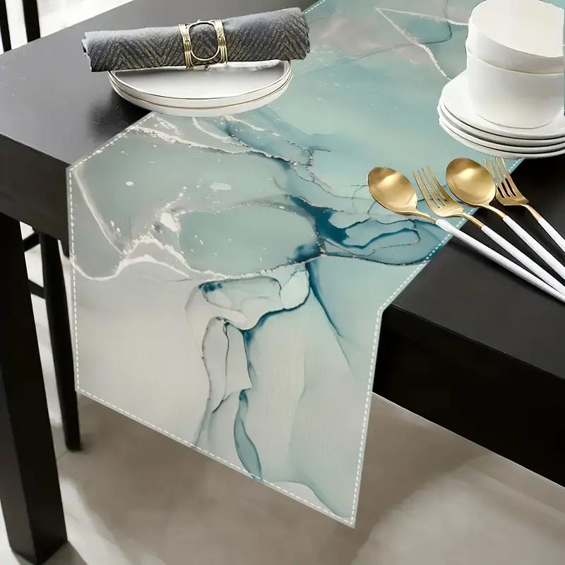Modern Marble Texture Table Runner Set, Turquoise Color Dining Room Decor, Ideal for Wedding & Holiday Parties, Kitchen Accessories