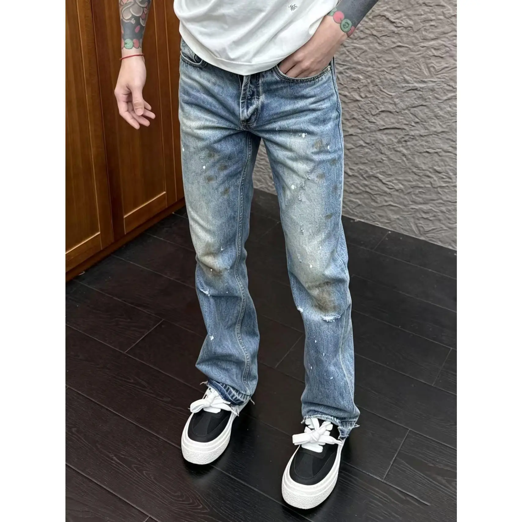 Men's High Cotton Vintage Workwear Bootcut Denim Jeans, Light Wash Distressed Paint Splatter Pants with Raw Frayed Hem for Hip Hop Casual Daily Outfits