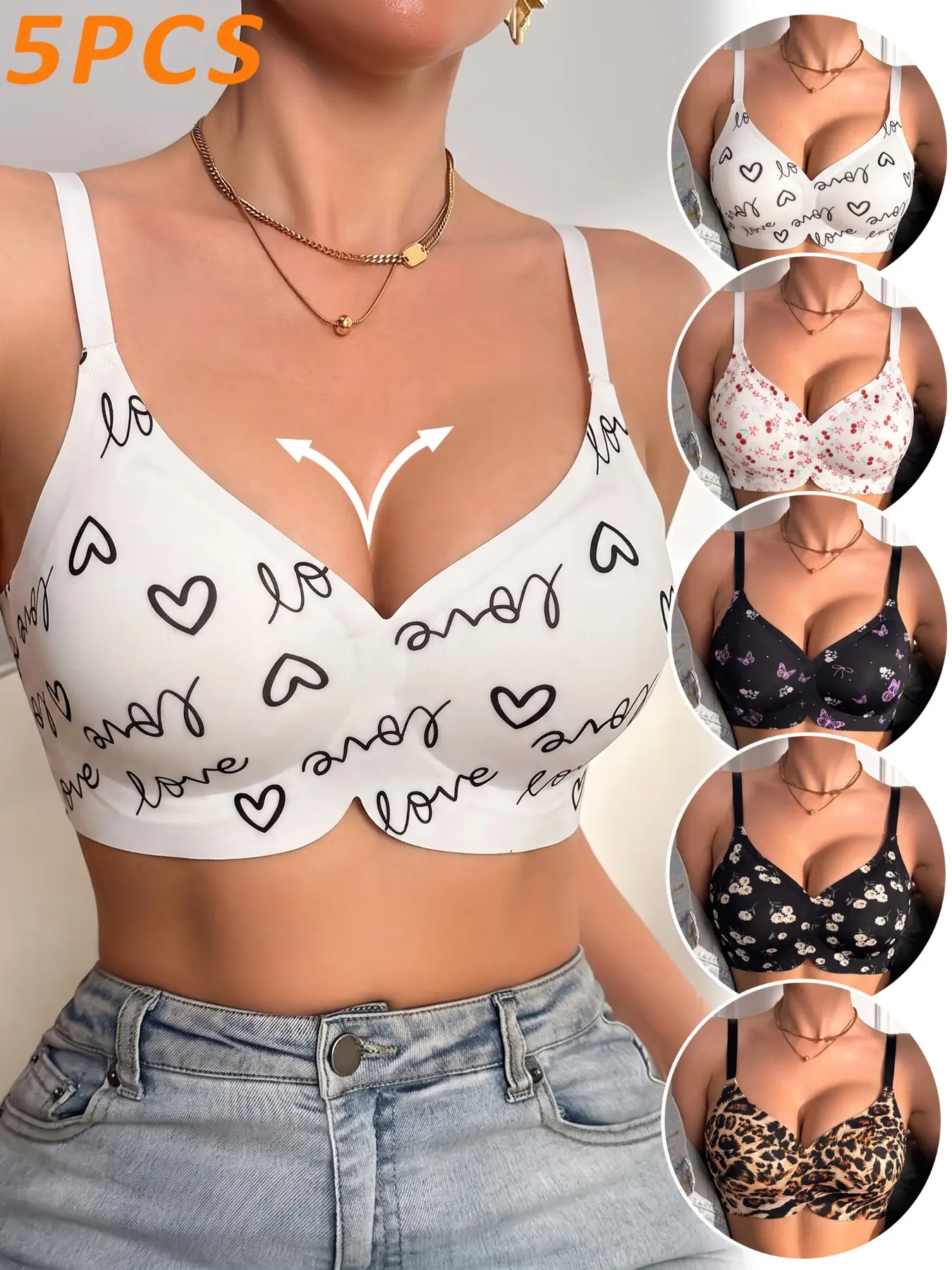 5 Pack Value Variety Print Jelly Lift Bra Set, Wireless Seamless No Digging Comfort, Assorted Patterns Full Coverage Side Support Casual Daily Wear Lingerie