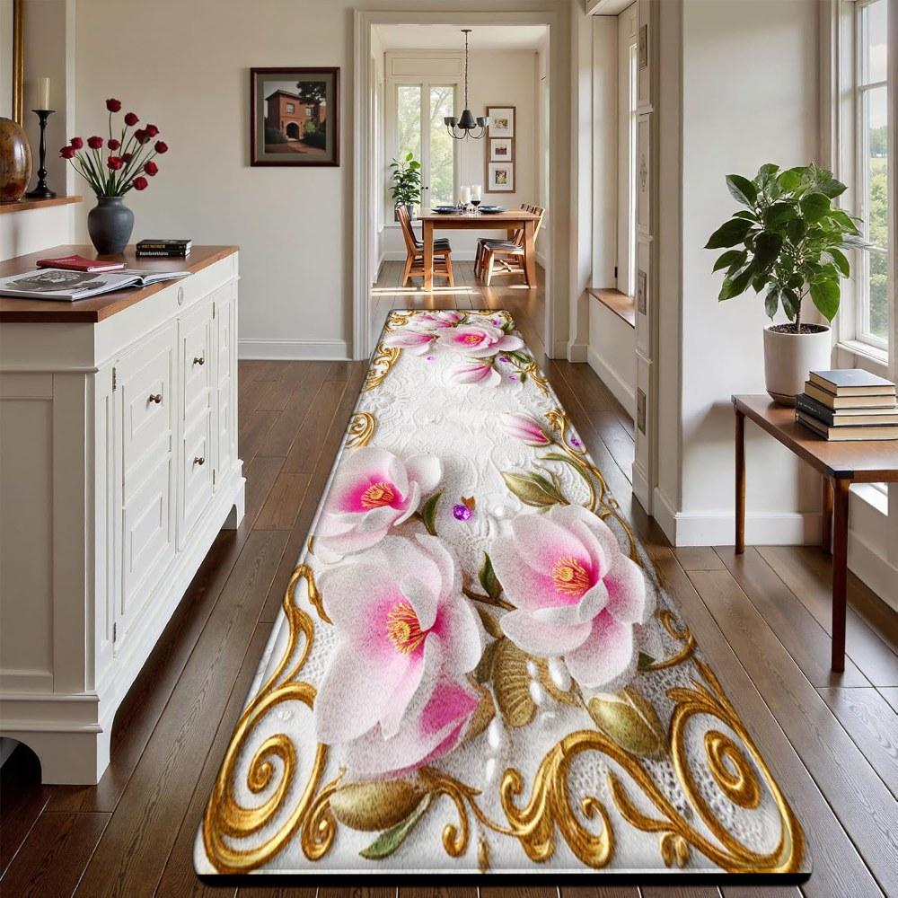 1PC， Pink and White Magnolia Flowers with Gold Ornaments Patterned strip rugs, home décor, bathroom mats, entryway mats, bathroom non-slip mats, indoor entrance rugs, bedroom bedside mats, kitchen mats, hallway rugs, flannel sponge rugs