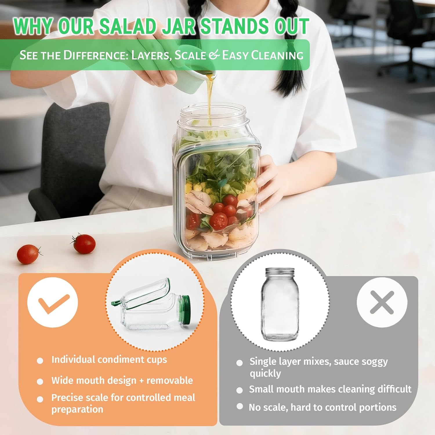1 salad jar, salad pod, Mei Sen jar salad container, leak-proof vertical layered salad jar, container with seasoning, reusable and portable lunch container, suitable for office, picnic and travel, Airtight Food Storage, Leak Proof Lids