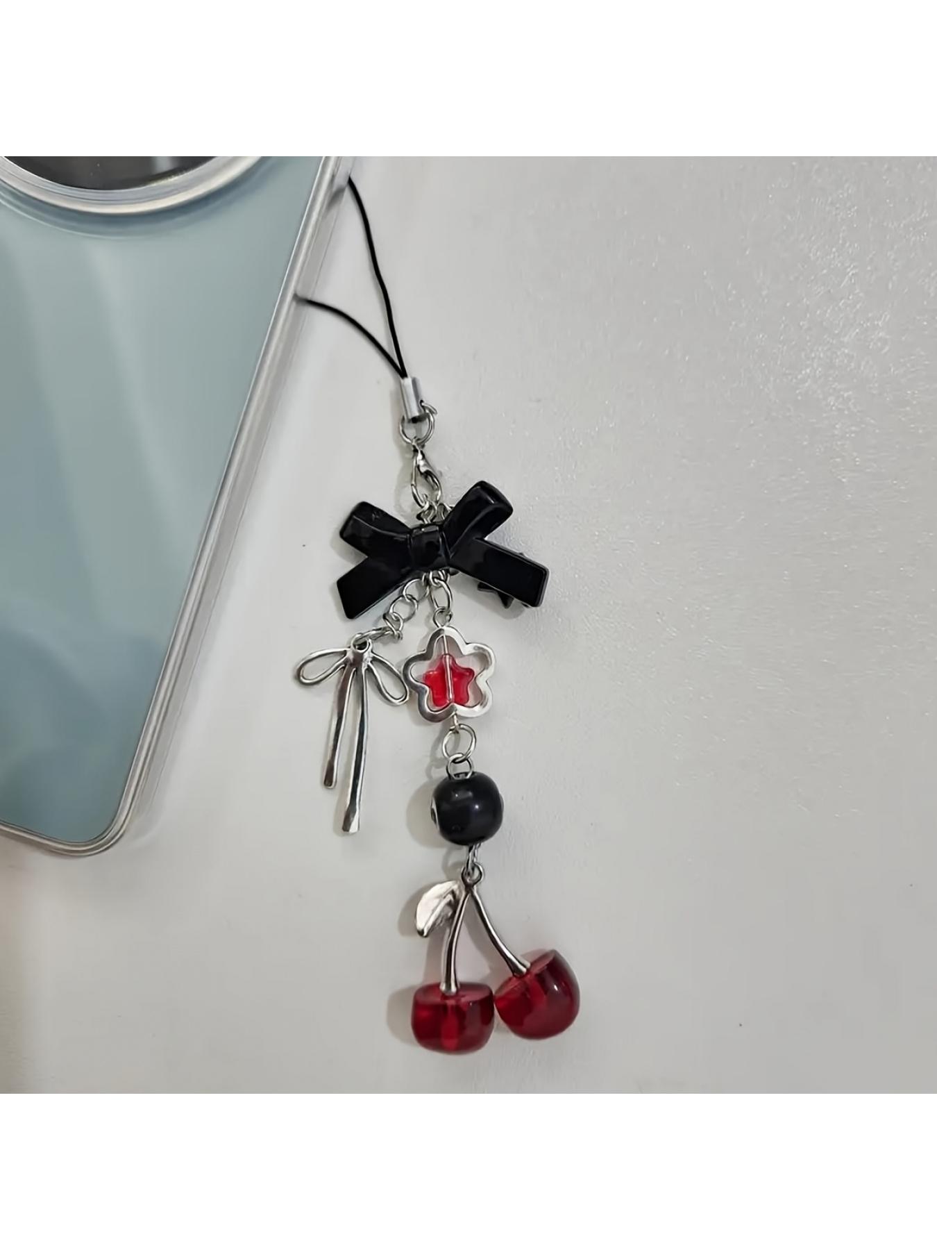 A Y2K Red Cherry Phone Strap with a Bow - Features Colorful Resin Decorative Pendants, Suitable for Phone Straps, Headphone Charms, And Other Cherry-Themed Items
