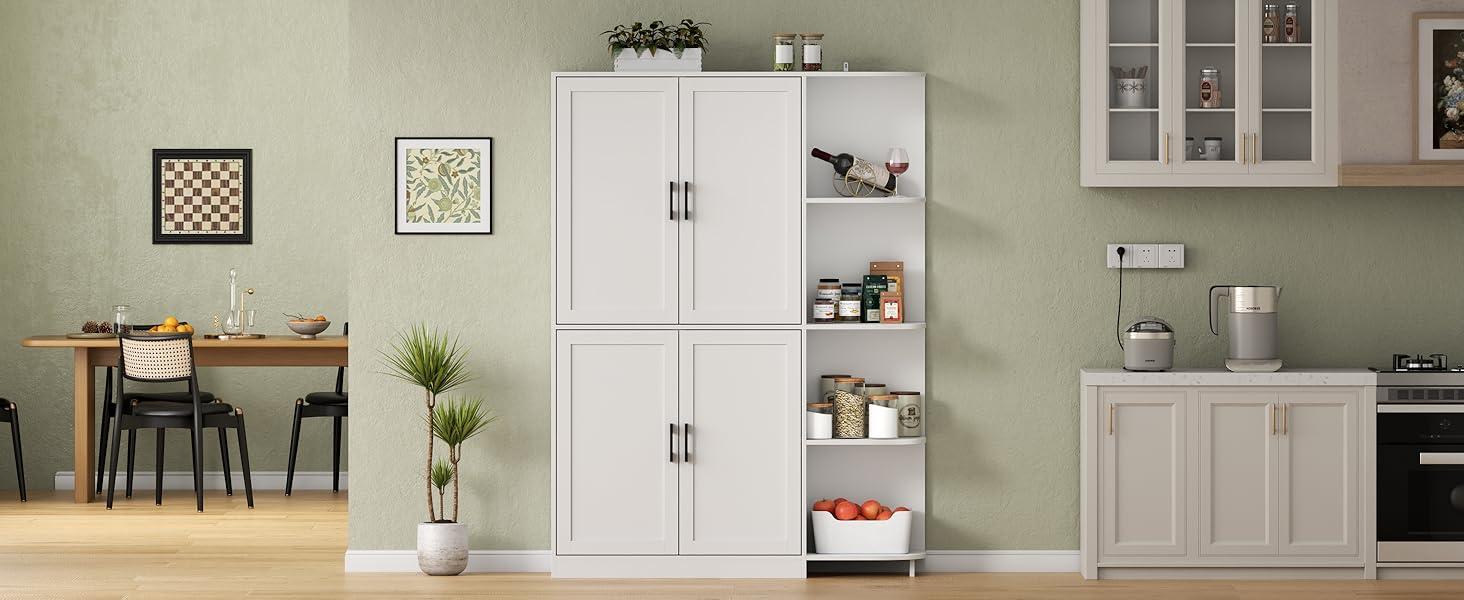 Kitchen Pantry Storage Cabinet with Doors & Adjustable Shelves, 64" Tall Kitchen Cabinet with 5-Tier External Shelf, Freestanding Cupboard high quality storage cabinet affordable  pantry wood  cabinets particle  board microwave  drawer