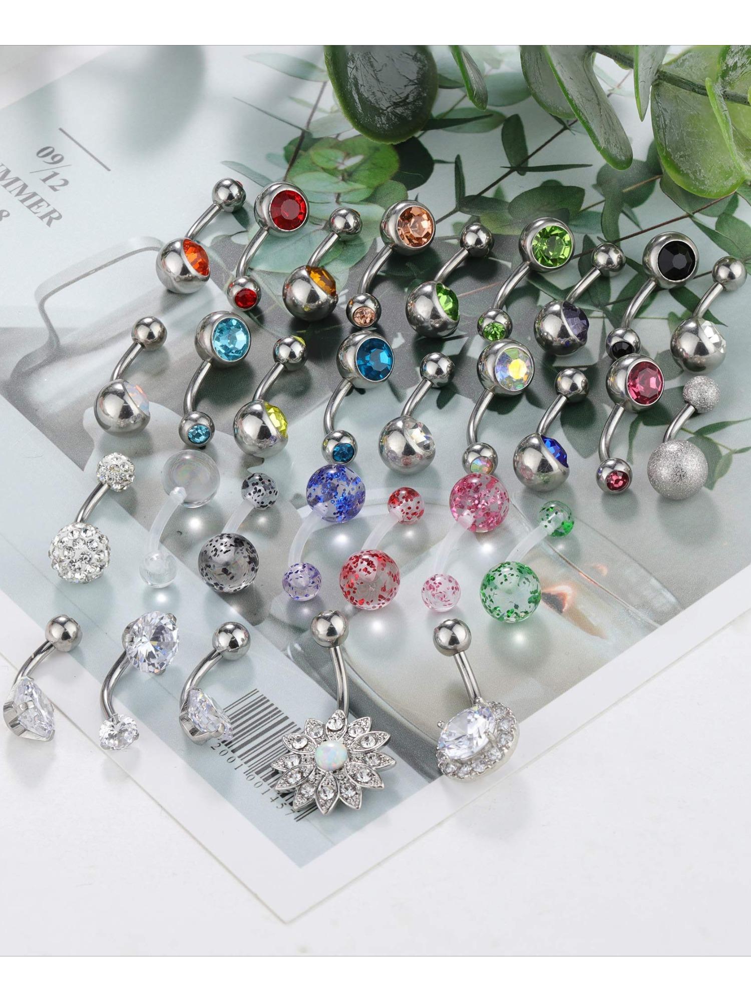 30 Pcs Vibrant Multicolor Belly Button Ring Pack for Women Men Premium Stainless Steel Hypoallergenic Comfortable Long-time Wearing Shiny Cubic Zirconia Bright Acrylic Details with Fashionable Dangle Styles for Summer Beach Daily Wear