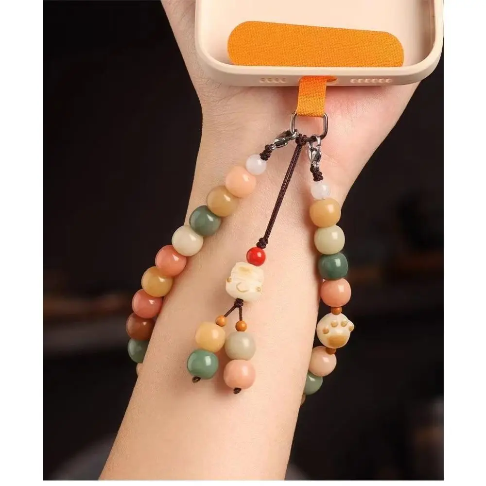 Colorful Bodhi Root Beaded Phone Lanyard Wrist Strap for Women, Chinese Style Lucky Cat Paw Lion Charm Anti-Lost Phone Pendant with Protective Pad, Universal Wrist Charm for Phone Case Backpack Daily Use