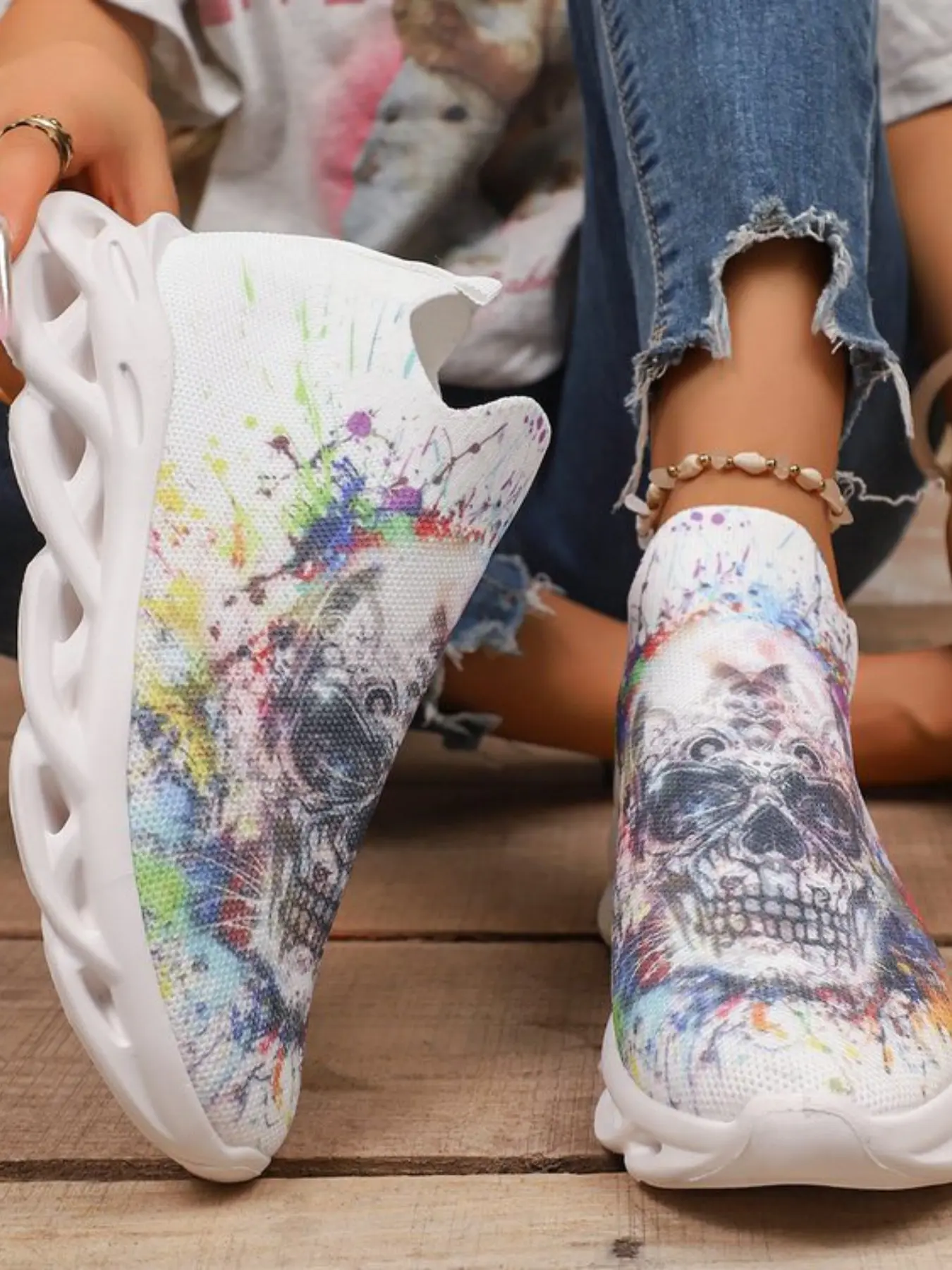 Women's Colorful Skull Slip-On Thick Sole Dad Shoes, Breathable Mesh Gothic Casual Sneakers, Streetwear, Music Festival, Halloween