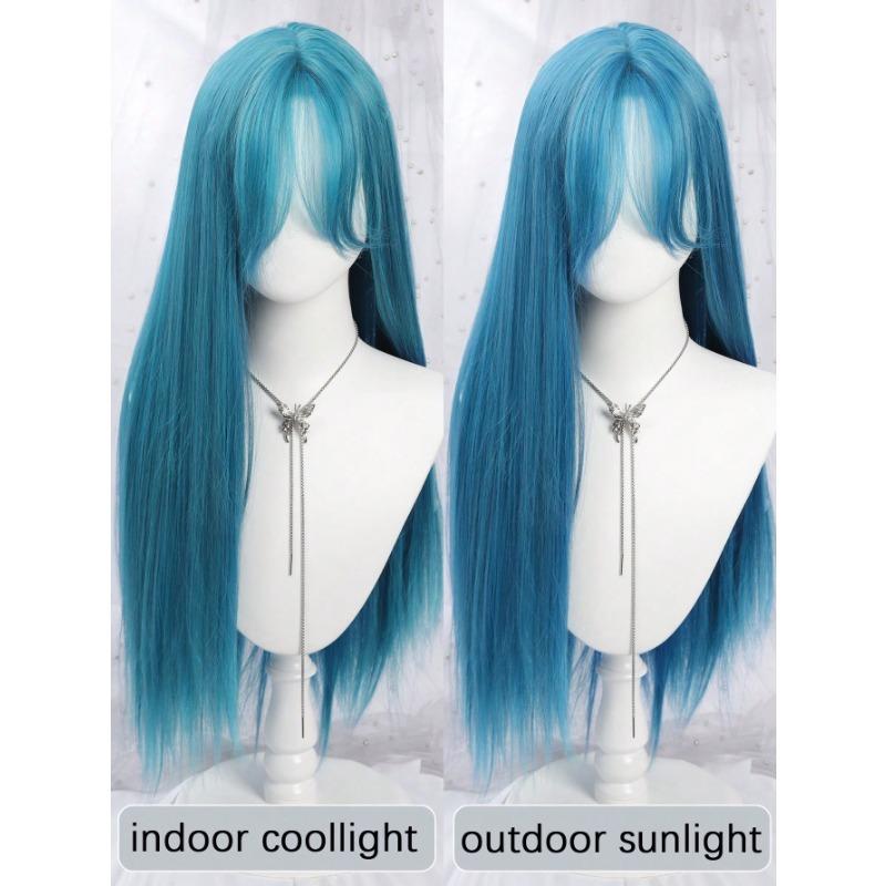 Women's Synthetic Hair Wig - 28-inch Straight Mint Blue, Middle Part Bangs, Natural Soft Texture, Colored Curly Synthetic Costume Wig for Cosplay, Daily Wear, Festival Party, Natural Style, Colored Curly Synthetic Costume Wigs