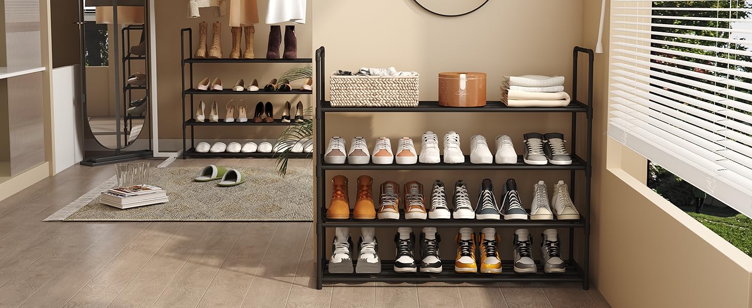 4-Tier Shoe Rack, Metal Shoe Tower, 20 Pairs Shoe Storage Shelf, Entryway Stackable Shoes Organizer with 4 Tiers Metal Shelves, for Closet, Hallway, Entryway, Black 4-Tier Shoe Rack, Metal Shoe Tower, 20 Pairs Shoe Storage Shelf, Entryway Stackable Shoes Organizer with 4 Tiers Metal Shelves, for Closet, Hallway, Entryway, Black
