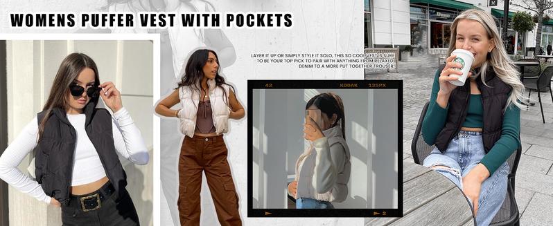 Yeokou Women's Beige Cropped Puffer Vest Stand Collar Full Zip Sleeveless Warm Padded Jacket for Casual Autumn Wear