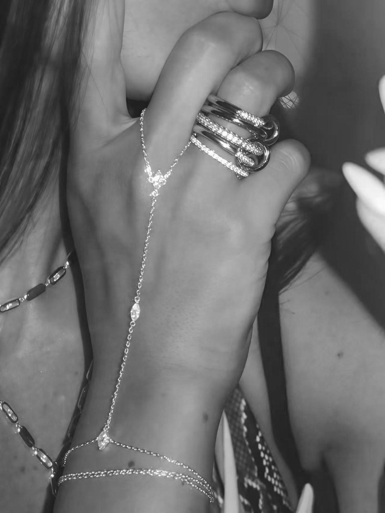 Women's Layered Zirconia Cubic Oxidized Finger Ring Bracelet Set, Perfect for Parties & Festivals, Sparkling Jewelry Accessories