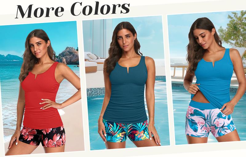 Daci Womens Two Piece Tankini Swimsuits - Tummy Control Bathing Suit with Shorts V Wire Tankini Top Ribbed Swimwear