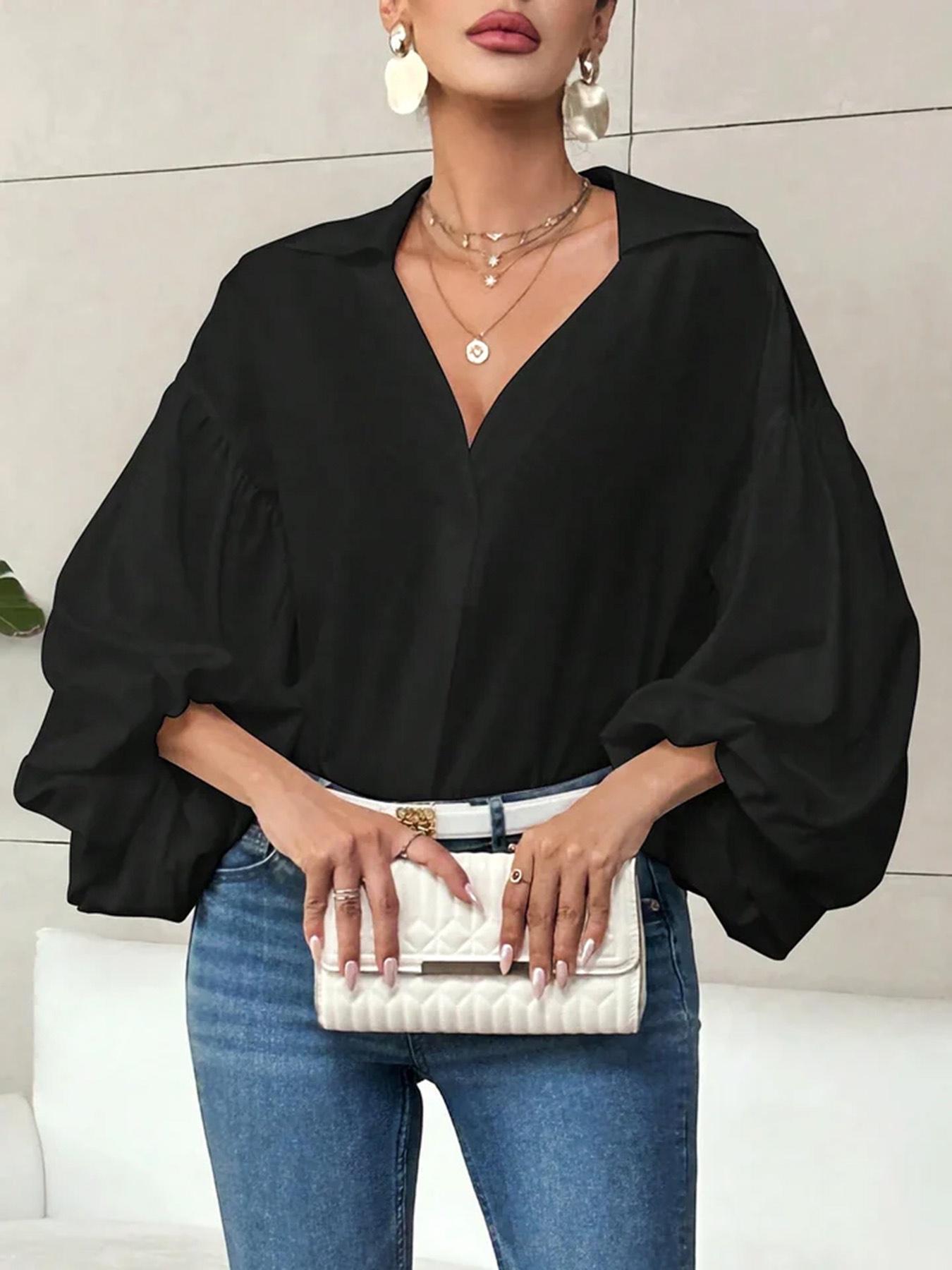 Women's Casual Versatile V-Neck Puff Shirt，Long Sleeves Solid Color Blouse , Stylish and Comfortable, Perfect for Daily Wear, Ladies Fashion Essential