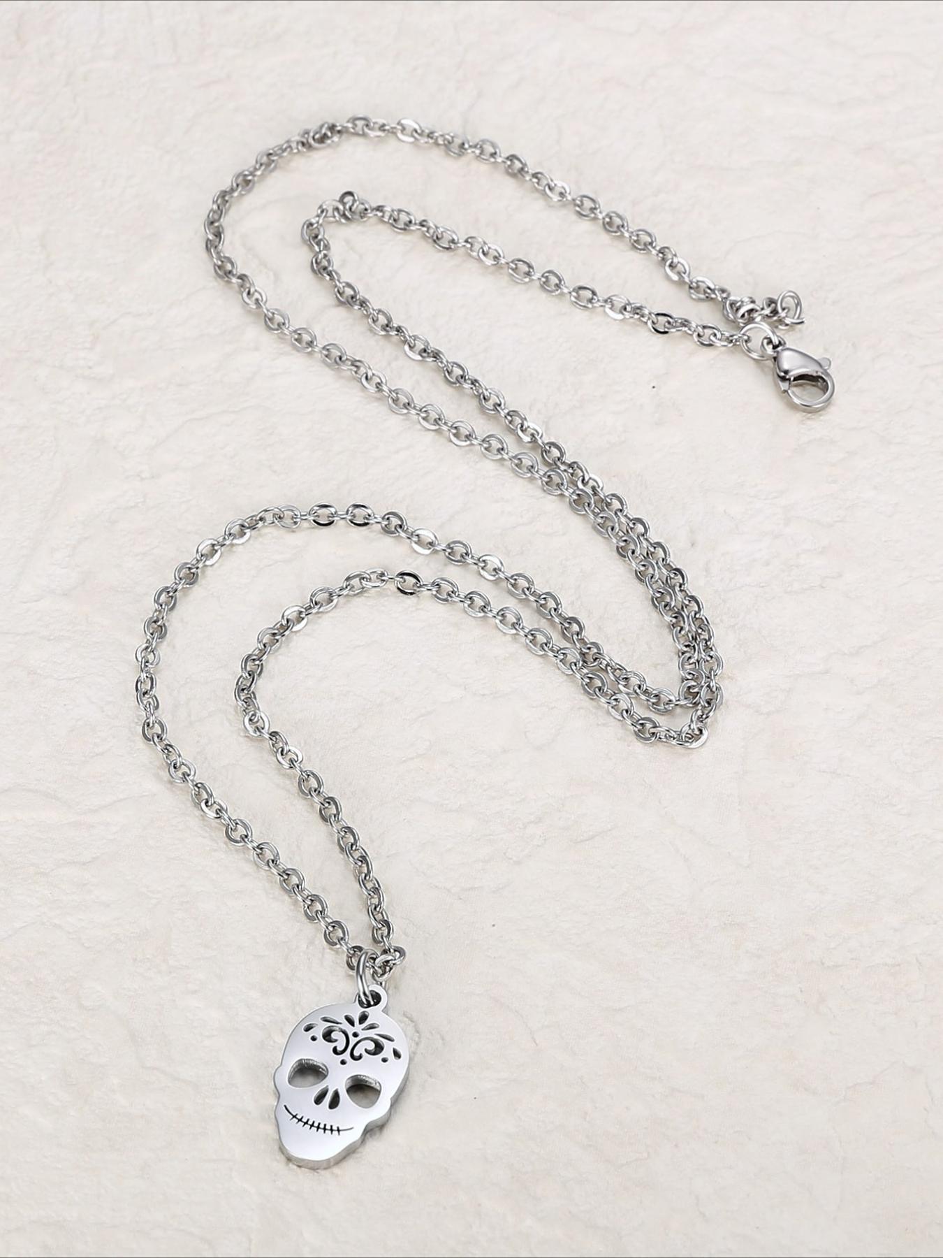 Stainless Steel Skull Pendant Necklace, Hip-hop Punk Style Accessory, Halloween Necklace