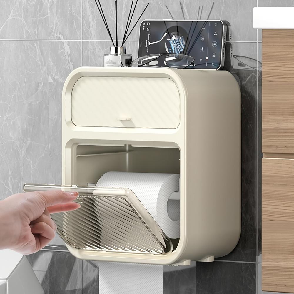 Bathroom Shelf with Drawers, Toilet Tissue Box — Suitable for Both Roll Paper and Facial Tissue. Punch-free Wall-mounted Roll & Facial Tissue Holder, Can Hold Mobile Phones, with Lid, Also for Sanitary Napkin Storage.
