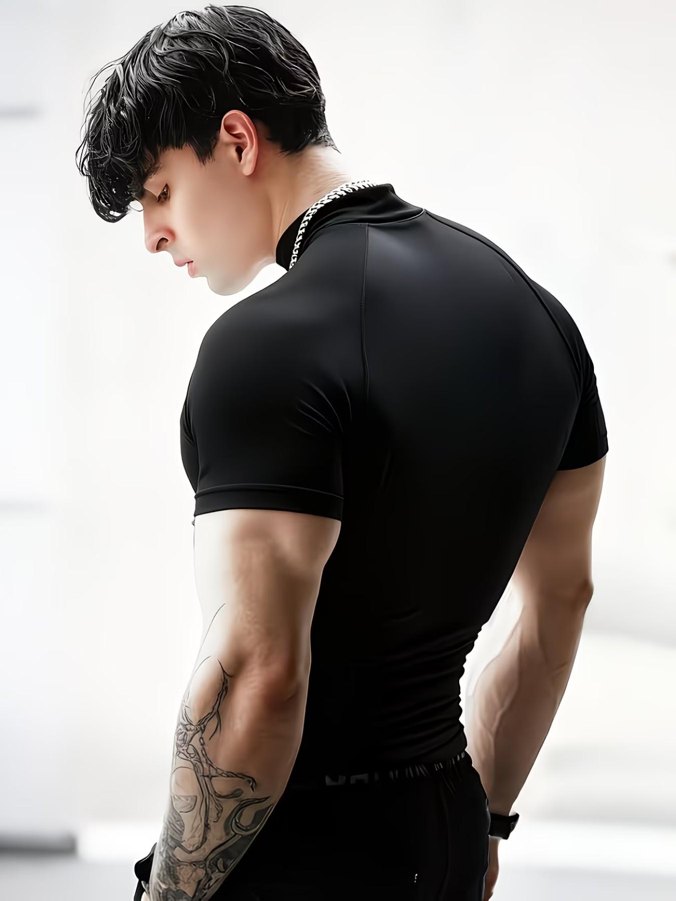 Men's Thorn Print High Neck Tight Fit Short Sleeve Gym Quick Dry Elastic Training Top, Sporty Casual Bottoms, All Seasons Wear
