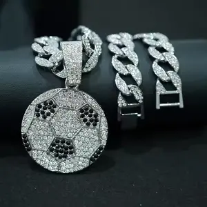 13mm Football Pendant Necklace Cuban Link Chain with Bling Football Charm Hip Hop Jewelry for Men Women Sports Fans Rapper Style Gift