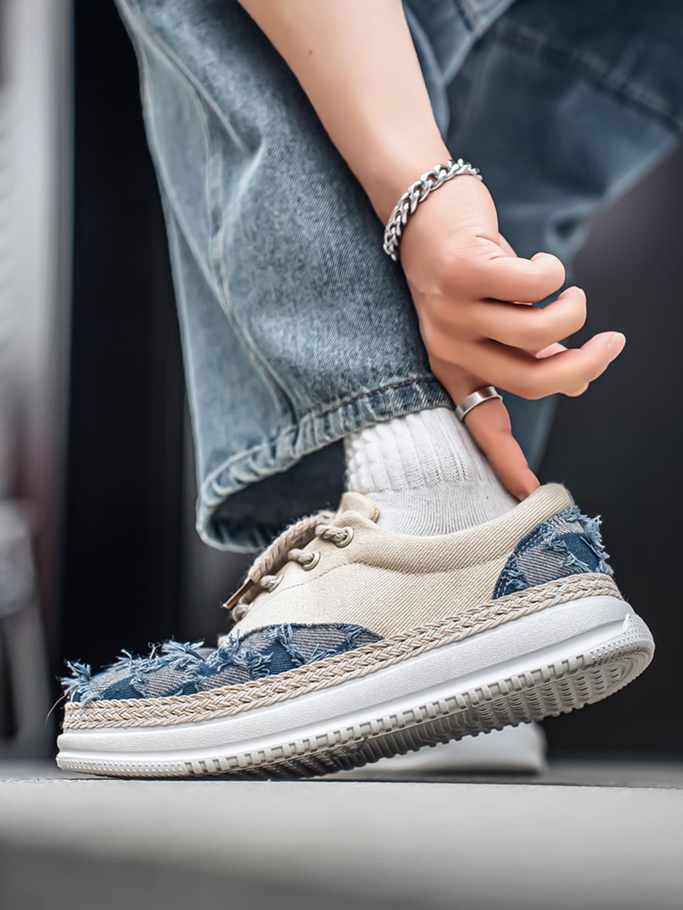 Summer New Men's Plaid Patchwork Hemp Rope Laces, Vintage Straw Trim Soft Elastic Thick Sole, Casual Checkered Shoes for Commute and Streetwear