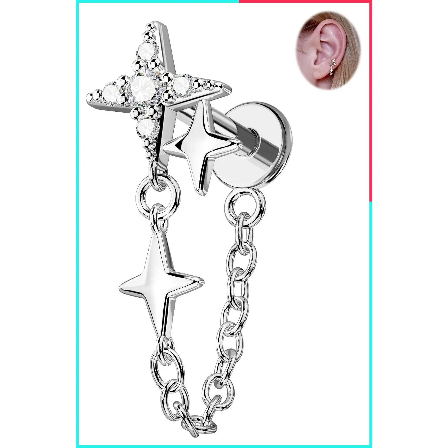 16G Chain & Star Cartilage Earrings - 316L Stainless Steel Flat Back Push-Pin Hidden Helix Piercing Jewelry
