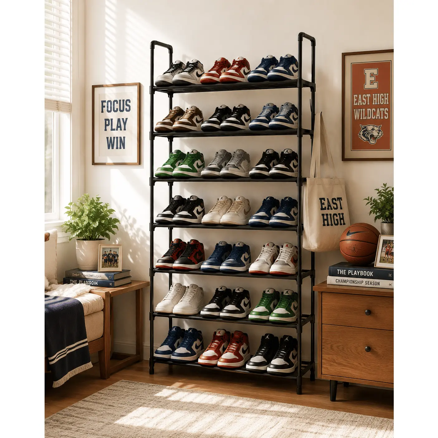 10-Tier Narrow Tall Metal Shoe Rack, Freestanding Shoe Storage Organizer with Hooks for Entryway Closet, Boot Rack Holds 20-24 Pairs, Includes Wooden Mallet and Non-Slip Gloves
