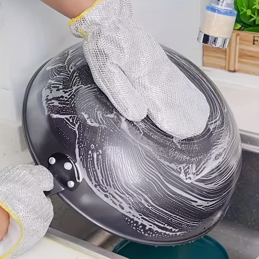 Thick Silver Wire Dishwashing Gloves, Multi-Functional Heat Resistant, Waterproof Bowl Brush, Non-Stick Oil Kitchen Cleaning Gloves