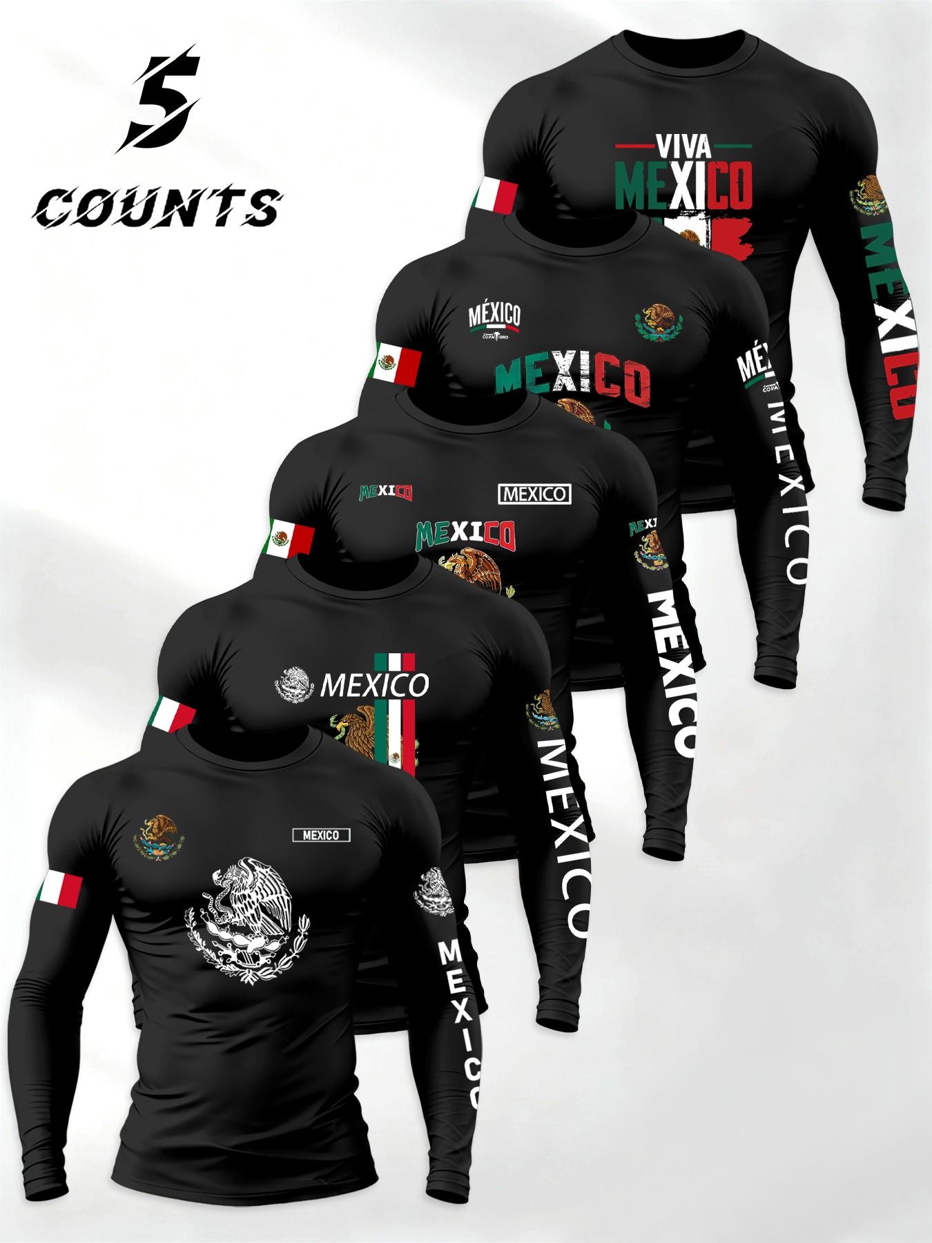 Men's 5-Piece Set Mexican Patriotic Long Sleeve T-Shirt, Athletic Letter Print, Elastic Sporty Fitness Top, Athletic Sports Clothing, Daily Wear/hardcore Gym Use, High Return Rate