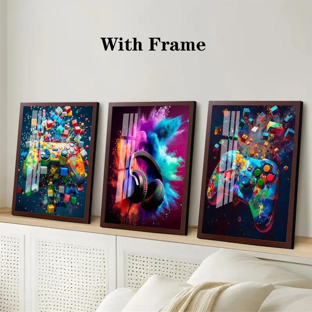 3-piece Color Game Art Set with Optional Wooden Frame Decoration - Vibrant Playstation Controller, Colorful Explosive Headphones, and Xbox Controller with Modern Dynamic Game Decoration, Perfect for Gaming Rooms or Teenage Bedrooms
