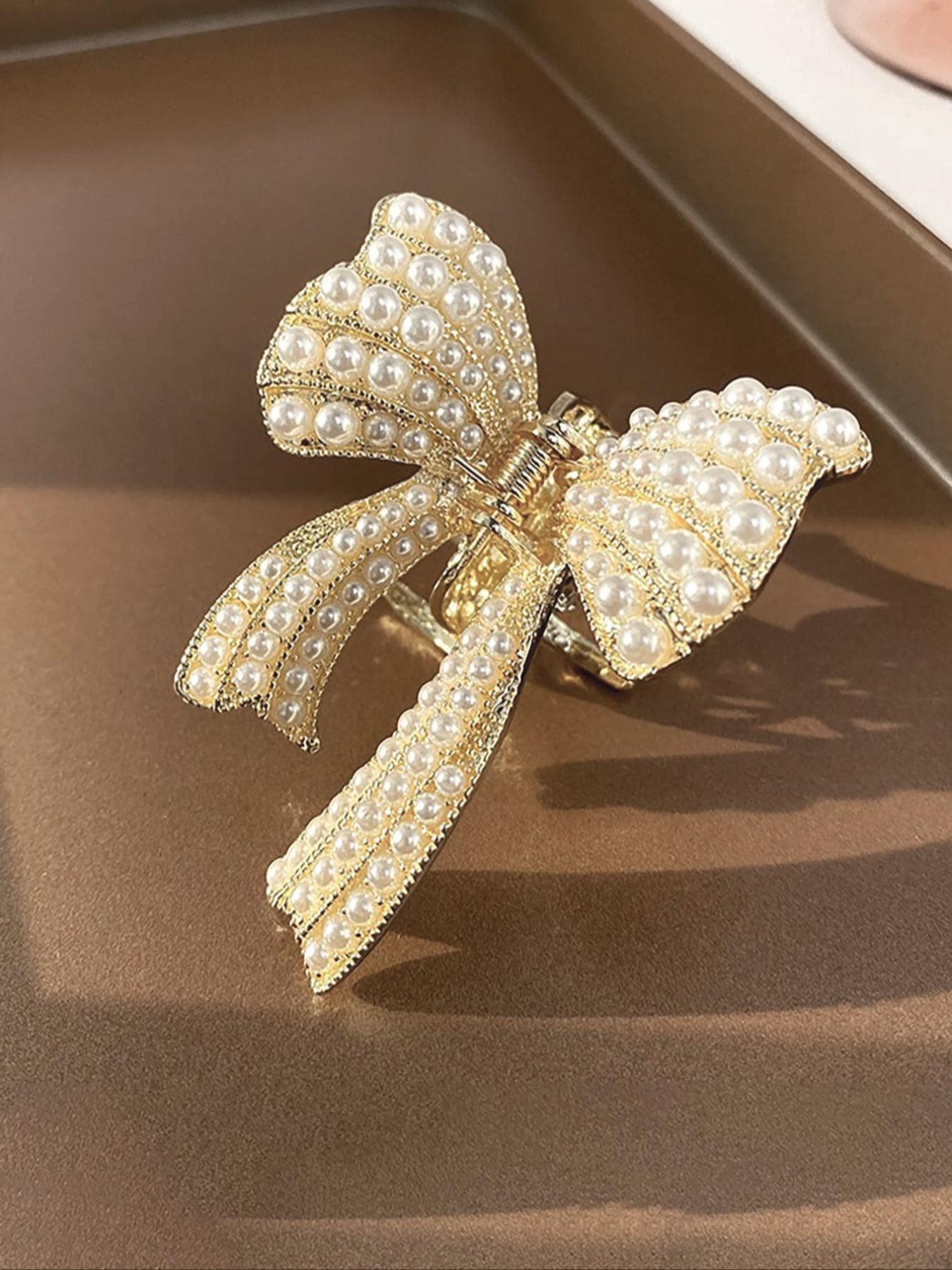 Elegant Faux Pearl Decor & Textured Metal Decor Hair Claw, Bow-shaped Hair Claw, Fashion Butterfly Design Hair Accessories for Women & Girls, Ponytail Claw Clip, Butterfly Clips, Barrettes