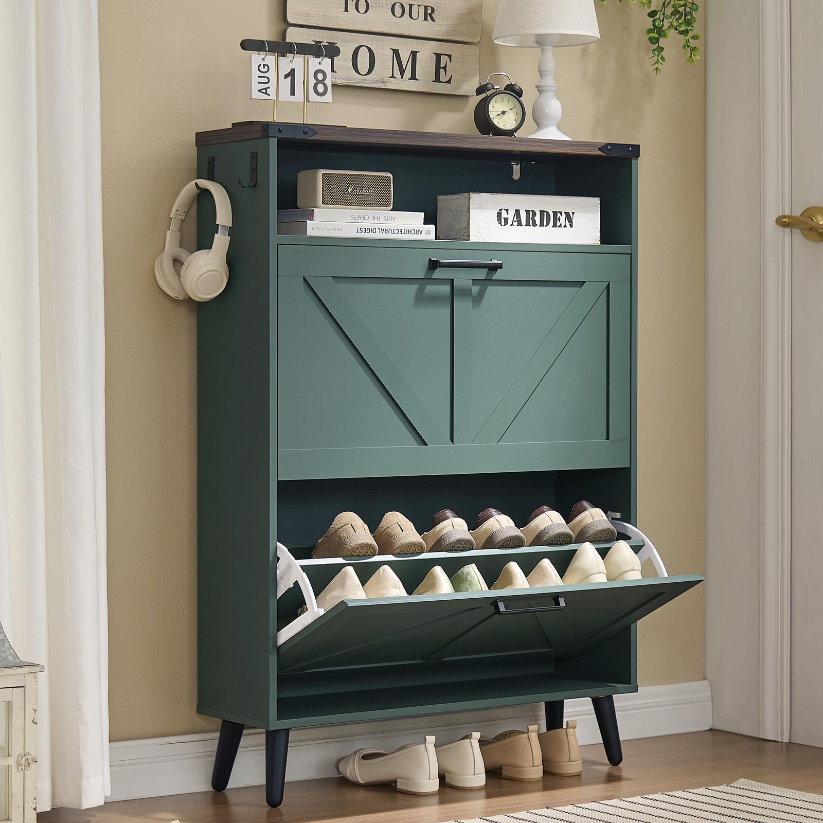 PieDle Furniture Shoe Storage Cabinet,Farmhouse Shoe Organizer with 2-4 Flip Drawers & Barn Door Design,Freestanding Hidden Slim Narrow Shoe Rack Cabinet with Open Storage for Entryway, Foyer,Hallway