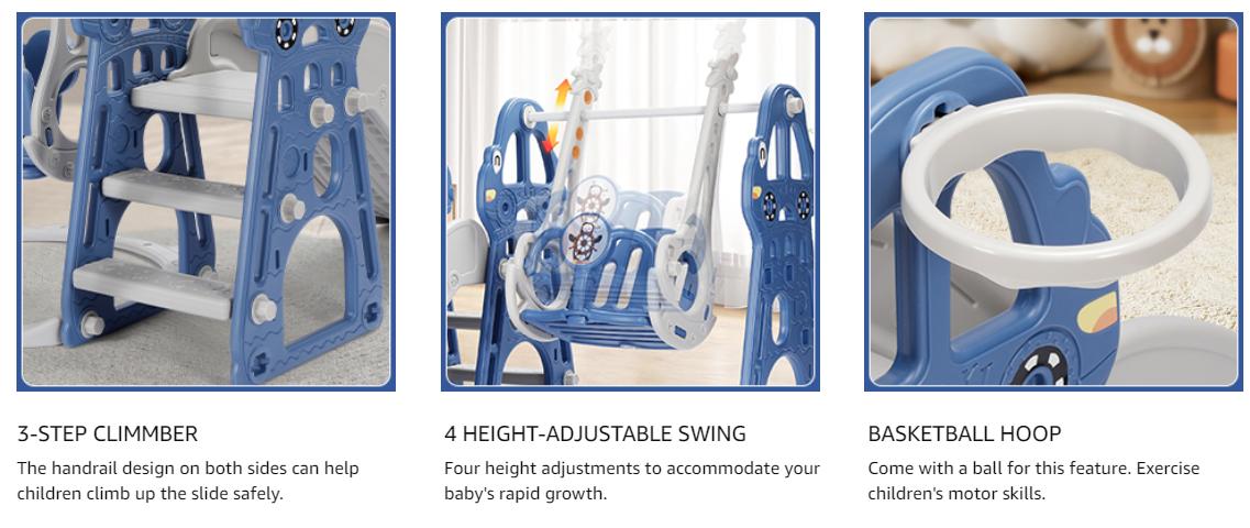Rengue 4 in 1 Toddler Swing and Slide Set for Age 1-6 Indoor Playground for Children Baby Swing Set with Slide, Climber, Basketball Hoop and Long Slide for Boys and Girls Blue Rengue 4 in 1 Toddler Swing and Slide Set for Age 1-6 Indoor Playground for Children Baby Swing Set with Slide, Climber, Basketball Hoop and Long Slide for Boys and Girls Blue