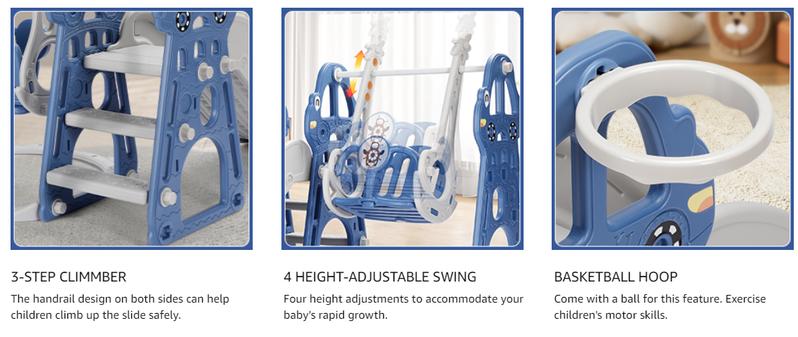 Rengue 4 in 1 Toddler Swing and Slide Set for Age 1-6 Indoor Playground for Children Baby Swing Set with Slide, Climber, Basketball Hoop and Long Slide for Boys and Girls Blue