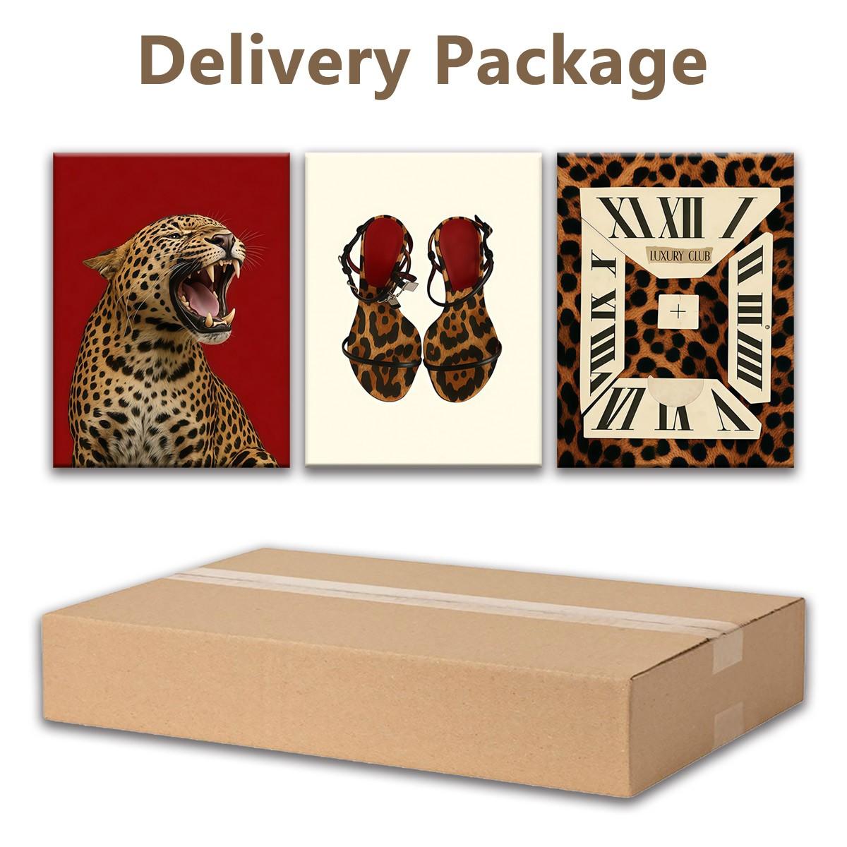 3-Pack Wood Frame Canvas Posters, Vintage Leopard Print High Heels Decor, Modern Living Room Art, Waterproof, Gift Idea