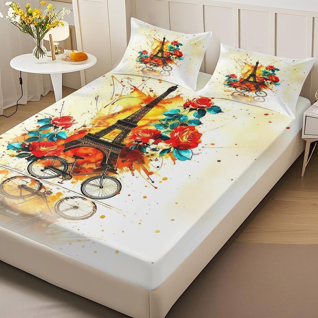 2/3 Pcs Paris Tower And Rose Pattern-themed Luxury Fitted Sheet Set(1*Fitted Sheet+1/2*pillowcase,no Filling)Skin-friendly Soft Digital Printed Bedding Set,suitable For New Year,festival Gifts For Family.suitable For All Year Round,machine Washable.