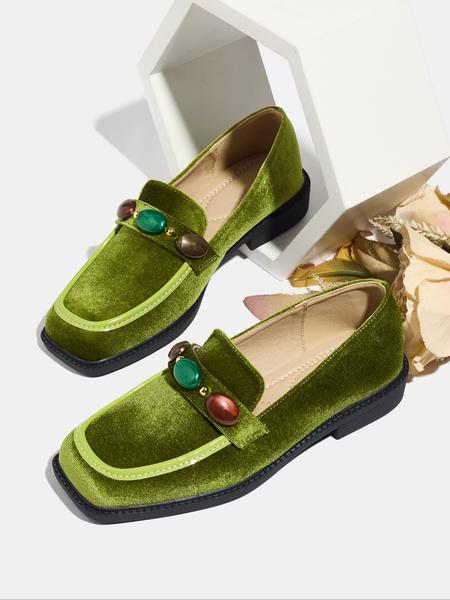 Women's Fashion Fall New Velvet Thick Sole Blue Square Toe Mid Heel Soft Bottom Outdoor Lightweight Breathable Slip-On Loafers