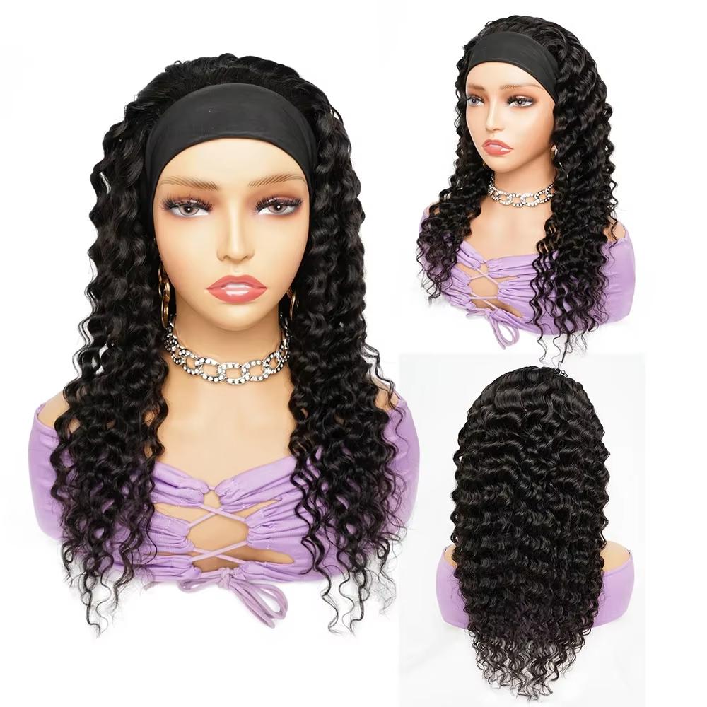 Bling Hair Curly Headband Wig Deep Wave Headband Wigs with Headbands Attached Glueless Black Wig 150% Density for Daily Use (26 Inch)