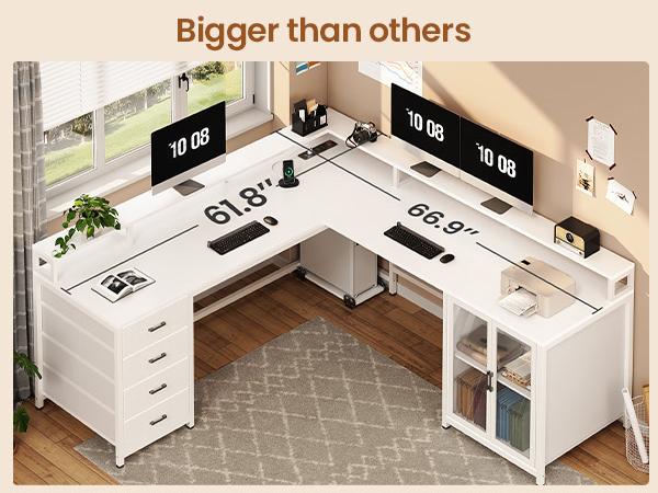 SEDETA 109 Inch L Shaped Gaming Desk with 4 Drawers Display Cabinet Computer Desks with 2 Monitor Stands CPU Stand LED Lights and Power Outlet