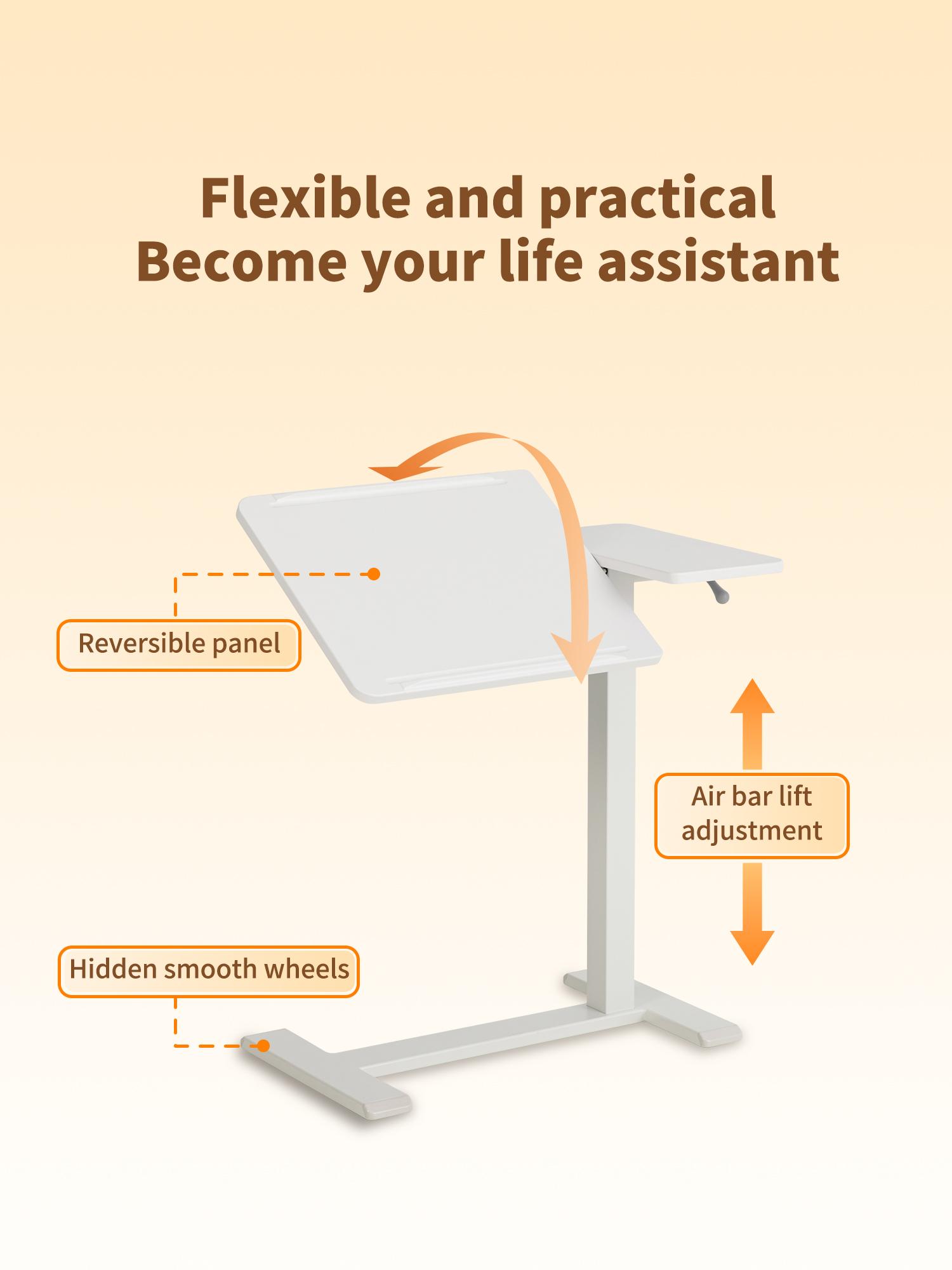 Mobile and Adjustable Bedside Table with a Flipable Desktop! Pneumatic Lift Desk with Wheels, Rolling Laptop Desk Cart, Portable Computer Workstation, Suitable for Both Home and Hospital Use