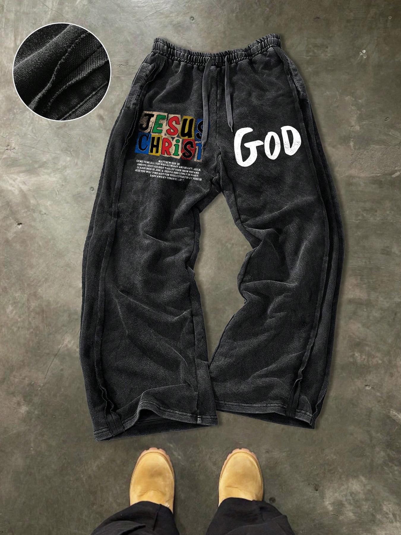 Men's Washed Cotton Sweatpants, Side Hem Stitching Long Pants, Jesus Print, Multiple Colors Available, Casual Fitted H-Type