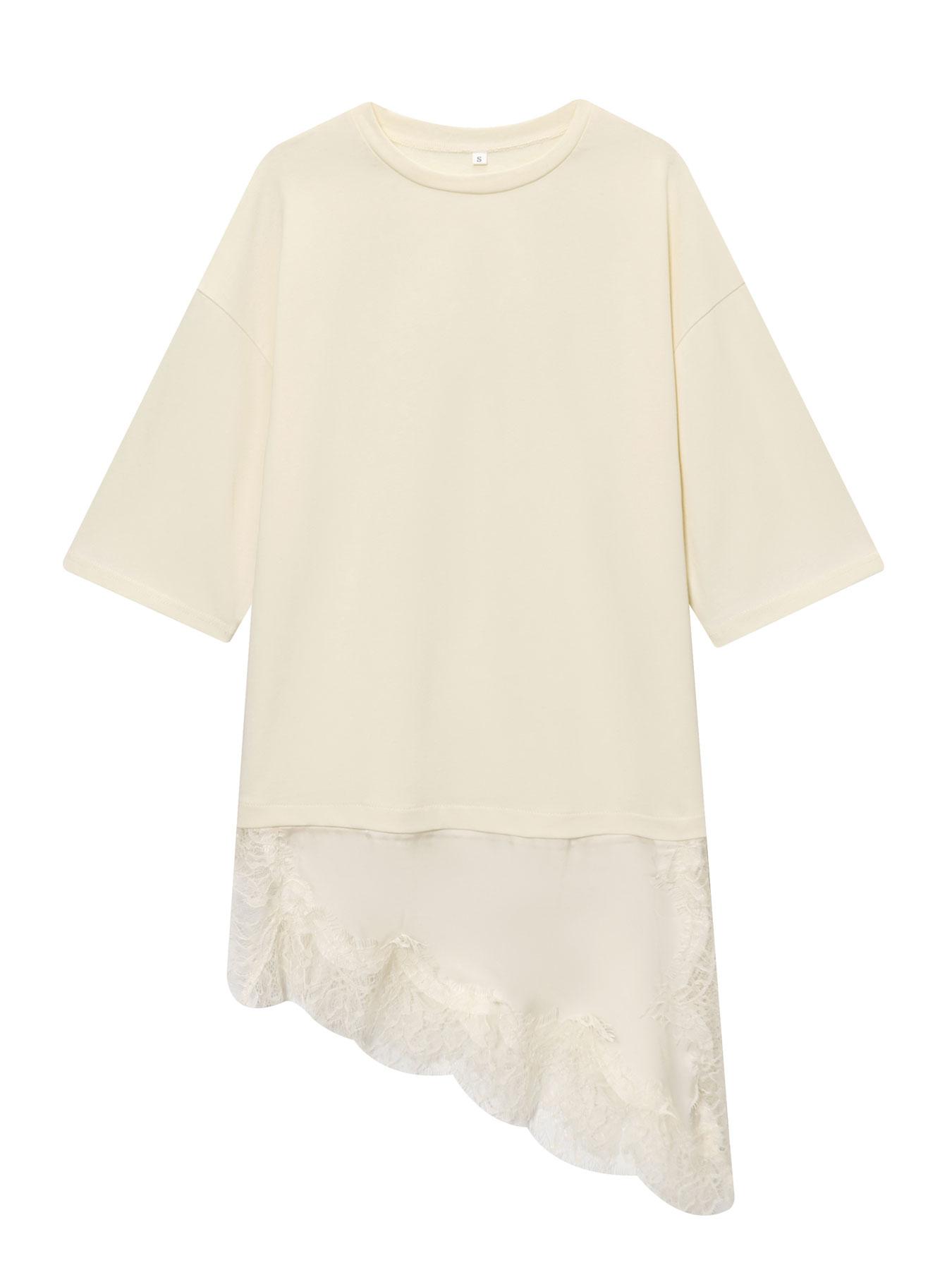 Women's Lace Patchwork Dress, Oversized Fit, Asymmetric Lace Hem, Half Sleeve, Casual Street Style, Spring & Fall Fashion, Womenswear, Minimalist