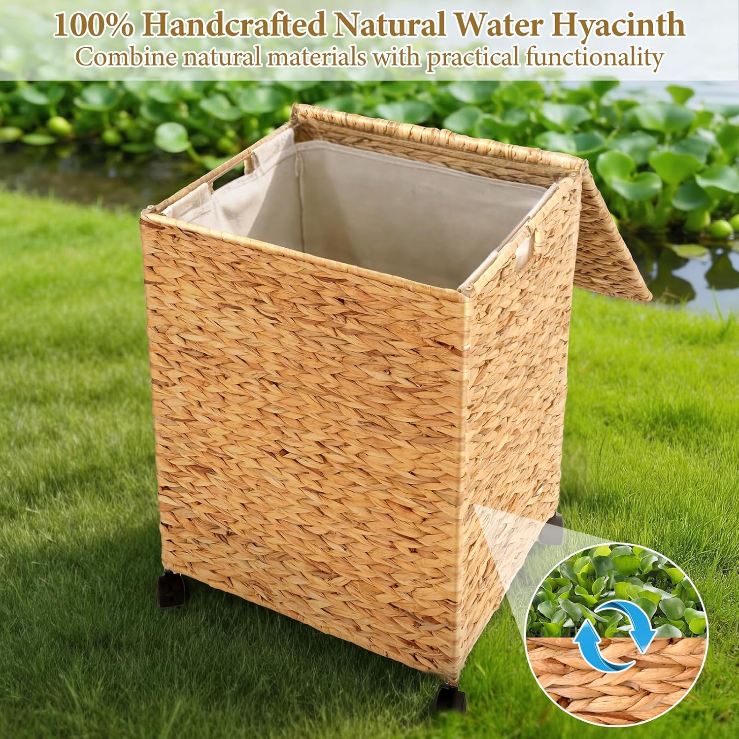 Wicker Laundry Hamper with Lid & Wheel, 23.8 Gallon (90 L) Handwoven Water Hyacinth Laundry Basket with Removable Liner & Handles, Sturdy Steel Frame for Bedroom Bathroom Laundry Room