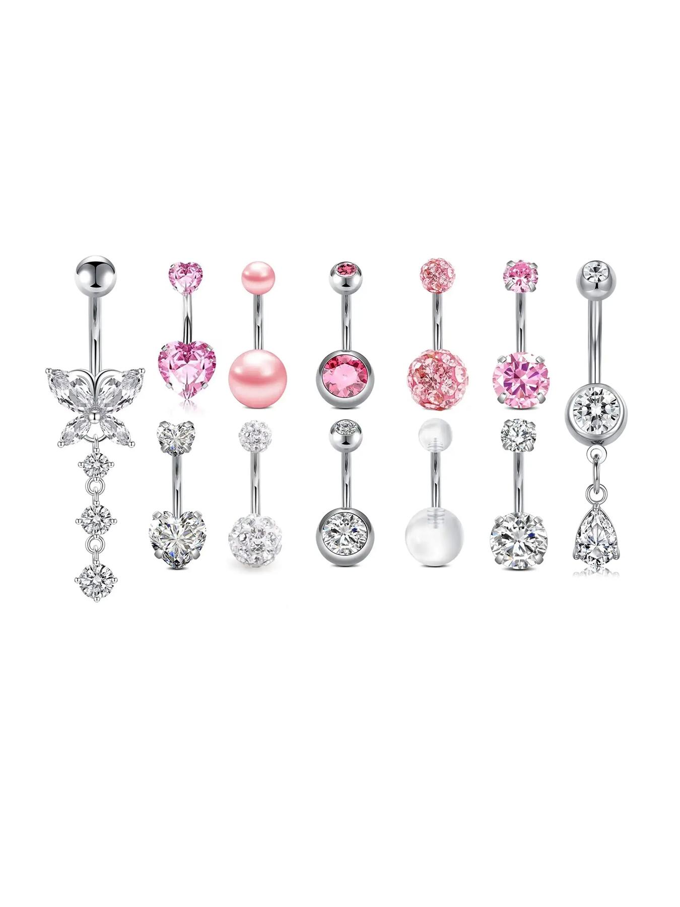 10pcs/set Elegant Rhinestone Heart Decor Belly Button Ring, Trendy Women Belly Piercing Body Jewelry, Classic Fashion Accessories for Daily Wear, Valentine's Day Gift, Body Piercings Set