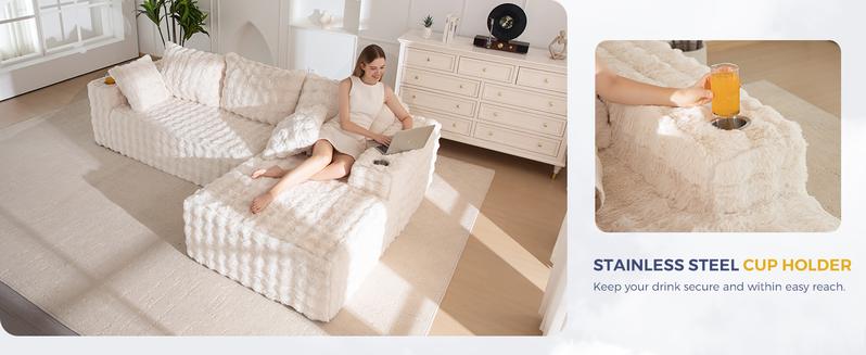 MAXYOYO 104" Modular Sectional Couch with L-Shape Chaise, Modern Boneless Couch for Living Room, Sofa in A Box, Faux Fur Sofa Sleeper with Deep Seat, No Assembly Required