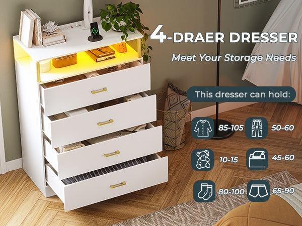 Sikaic Dresser for Bedroom with Column Design, 4 Drawer Dresser with Charging Station, Modern Bedroom Led Tall Dresser for Bedroom Closet