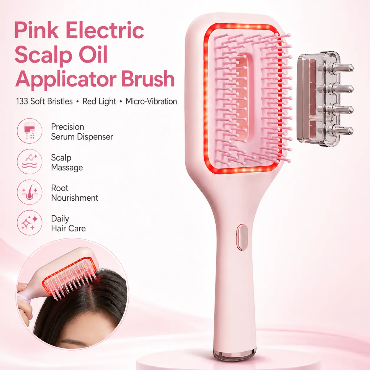 Pink Electric Scalp Oil Applicator Brush with 133 Soft Bristles, Red Light and Micro-Vibration Massage, Precision Hair Serum Dispenser for Daily Scalp Care, Root Nourishment and Hair Wellness