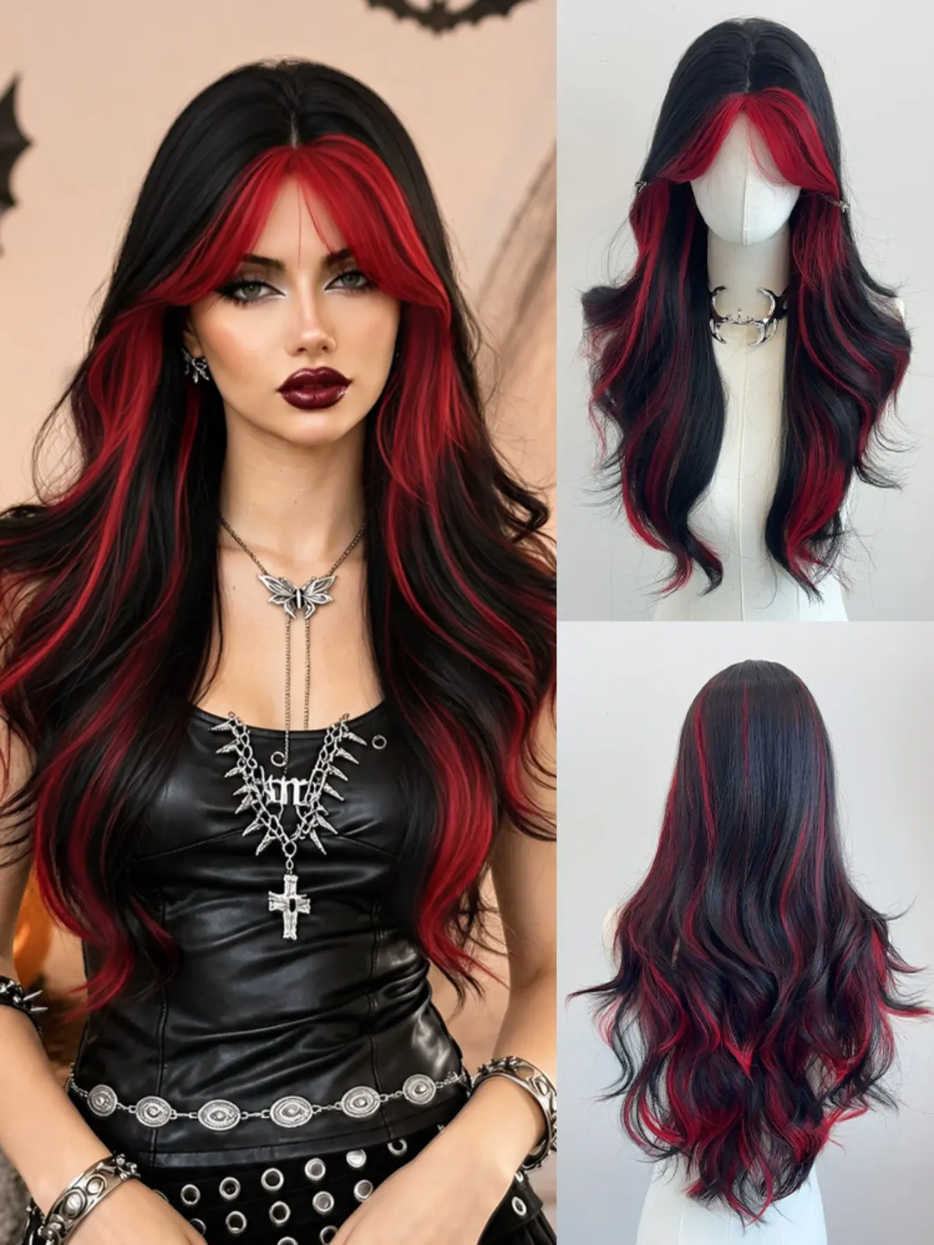 Black And Red Highlight Big Wavy Wig, Cool Y2K Gothic Heat Resistant Synthetic Wig, Breathable Rose Mesh Cap Simulated Scalp, For Women Halloween Themed Party Cosplay Party Wigs