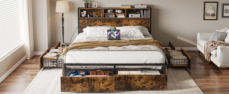 Bed Frame with 6 Storage Drawers, MATTRESS NOT INCLUDED, Bed Frame with Headboard Charging Station ,with Storage No Noise,No Box Springs Needed,Vintage Brown