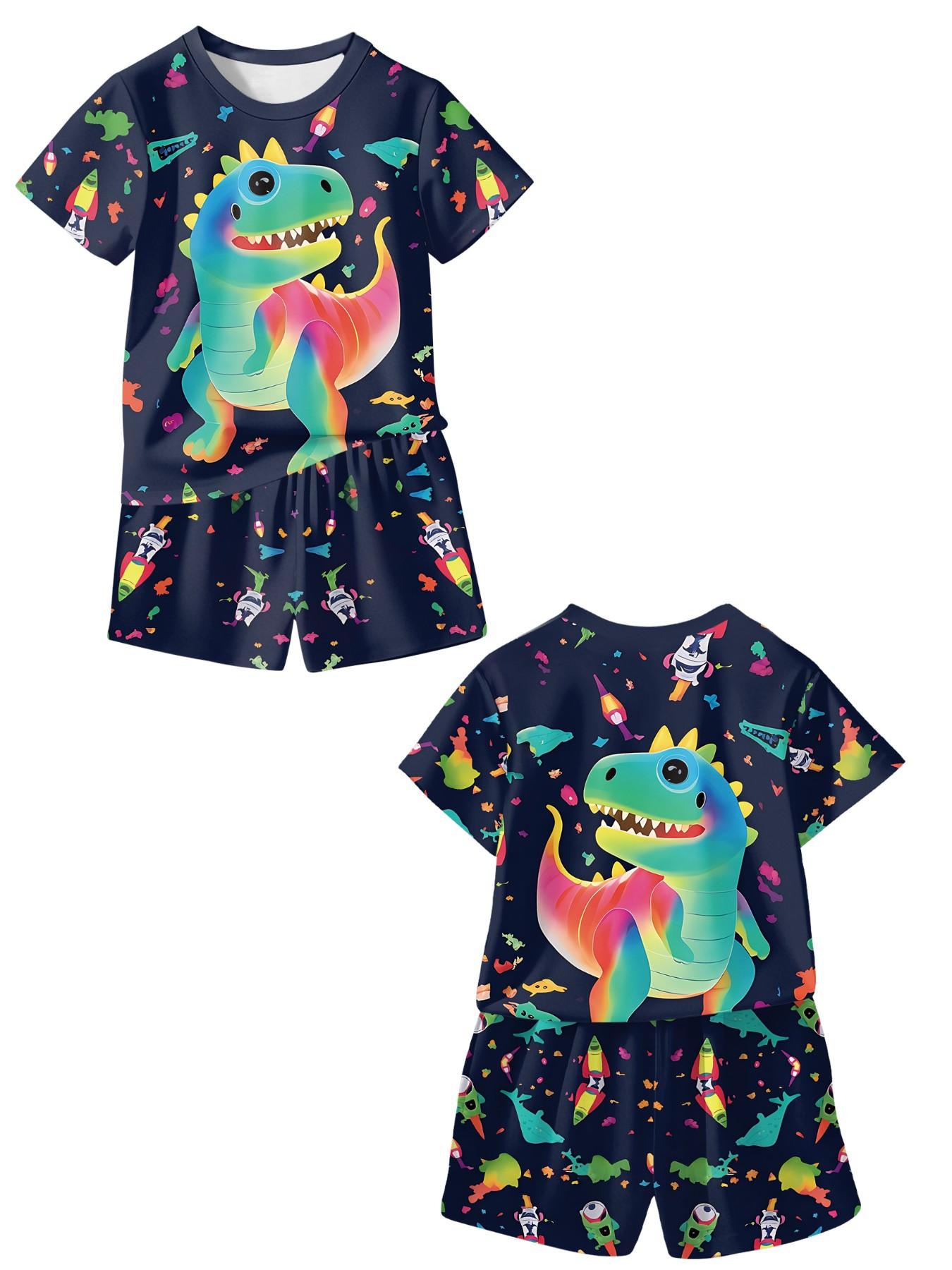 Colorful Rainbow Dinosaur Kids Short Sleeve Set, Boy's Summer Pajamas, Cartoon Print, Casual Wear, 100% Polyester, Perfect Gift for Babies