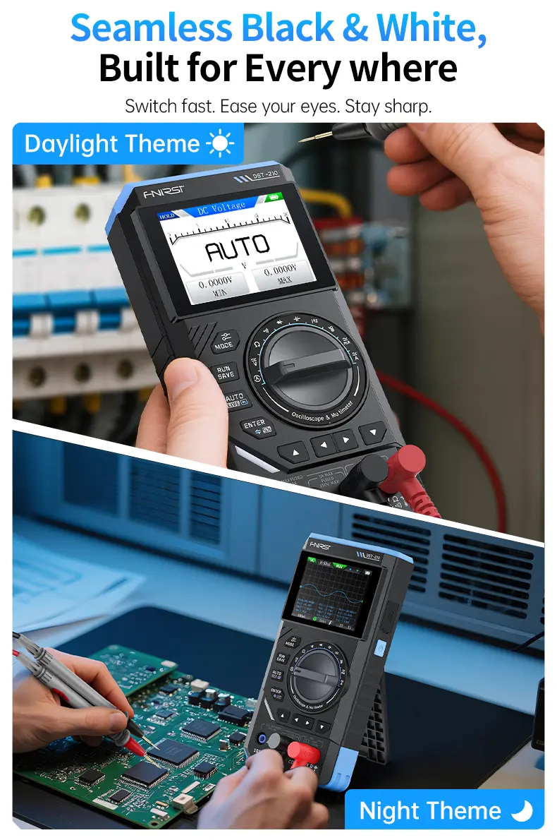 FNIRSI DST-210 Series 3-in-1 Portable Electrical Measuring Tool - Digital Smart Multimeter, 10MHz Scope, Multifunctional Oscilloscope, Signal Source, 2.8-Inch Color TFT Screen, Waveform Export, 400V Max, 19999-Count, 3000mAh, 48MSa/s for Electricians