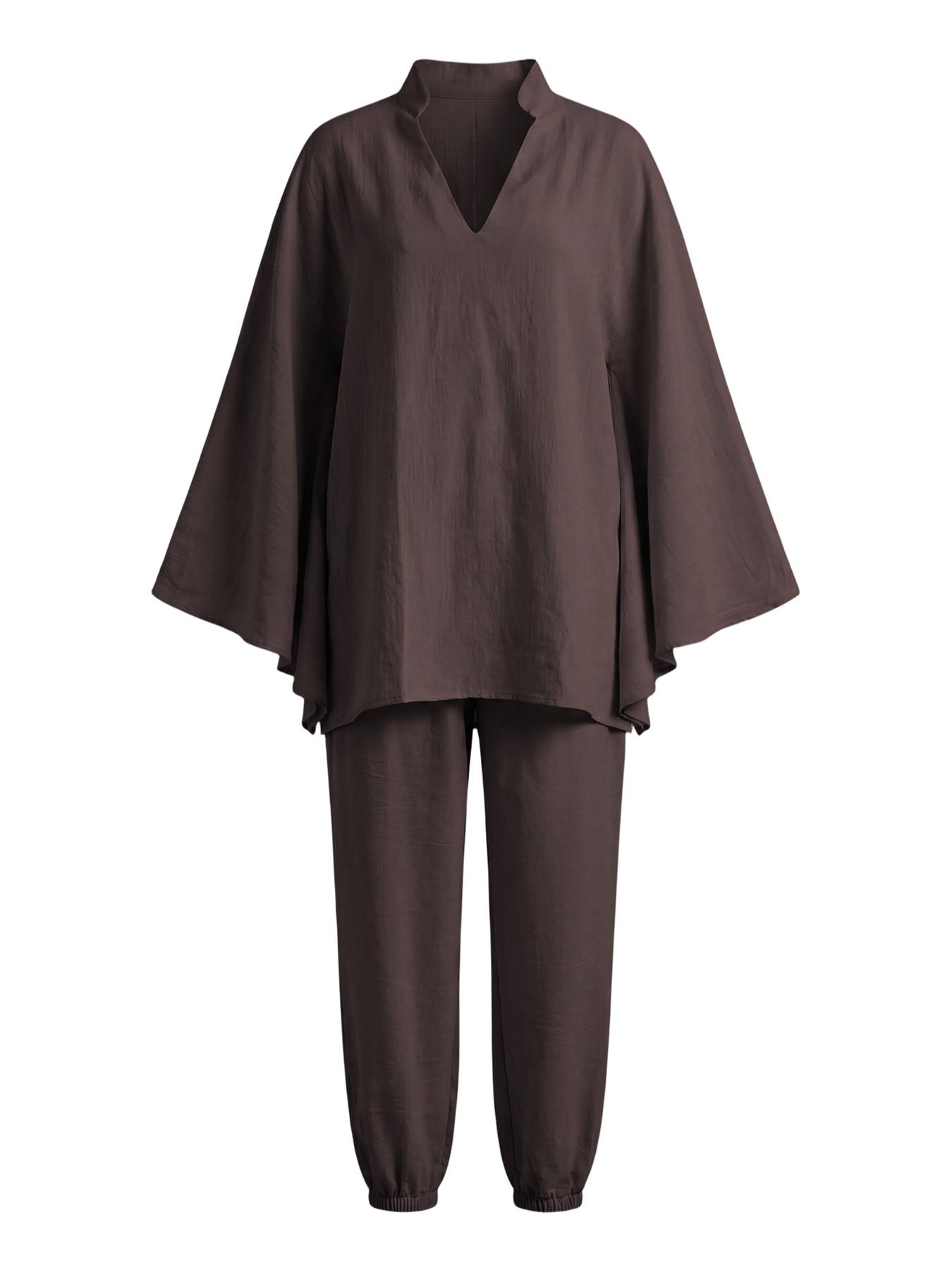 Women's Oversized Light Linen-Look 2-Piece Set, Batwing Long Sleeve Blouse Top & Drawstring Pants, Comfy Casual Style for Travel & Vacation