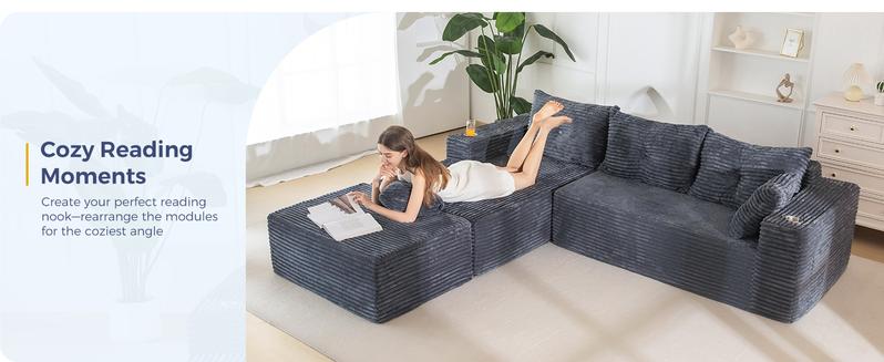 【2 Packages Shipping】MAXYOYO 104" Plush Corduroy Cloud Velvet Modular Boneless Couch with Chaise & Ottoman, No Assembly Required - U-Shaped Sectional Sofa Set with Flexible Configuration,  Oversized Sofa Sleeper with Deep Seat